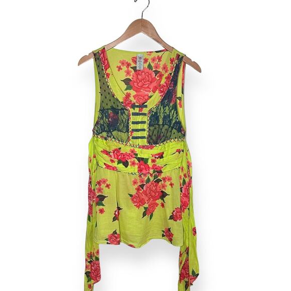 FREE PEOPLE Lace Trim Dainty Top Floral Green Chinese Cheongsam Qipao Inspired - Picture 6 of 9